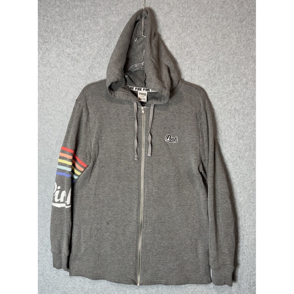 Pink Hoodie Womens Medium Full Zip Rainbow‎ Stripes Victoria's Secret Love Pink